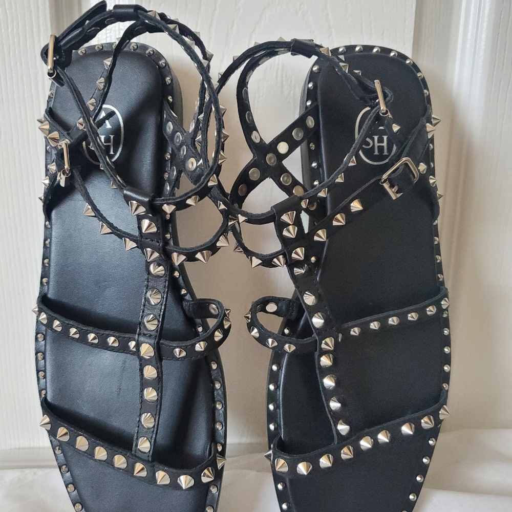 ASH Silver Stud Black Leather Sandals - Picture 11 of 16